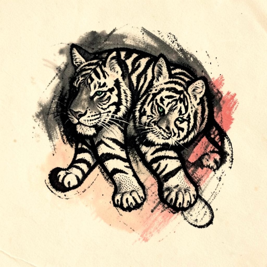 A bold charcoal drawing of a Sak Yant shoulder tattoo depicting a twin-tiger motif with intricate linework and dot-shading, rendered in rich black ink on a warm cream ground.